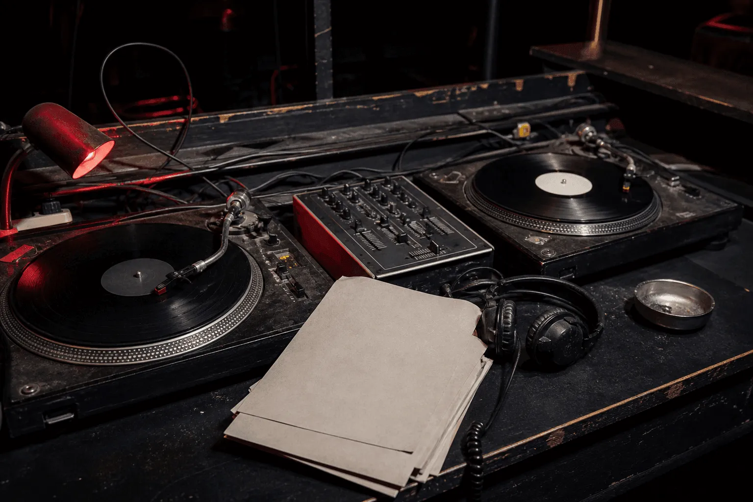 Conceptual editorial photograph of two turntables, a small mixer, headphones, blank cue sheets, and a red lamp in a worn nightclub DJ booth.