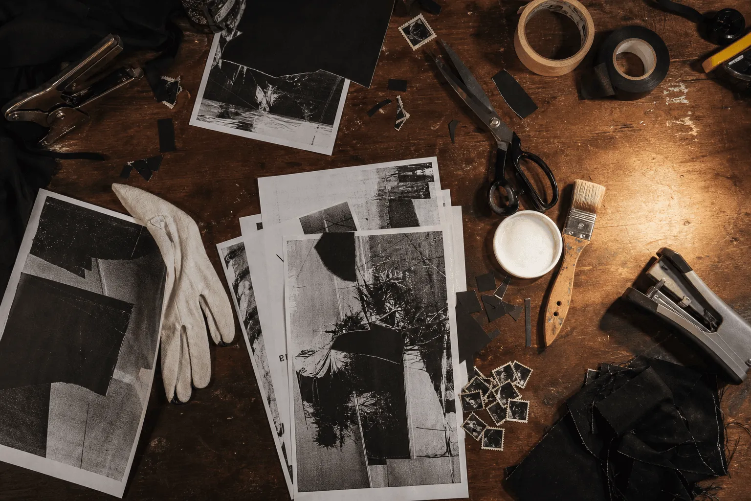 Conceptual overhead photograph of scissors, brushes, tape, monochrome photocopies, fabric scraps, and stamps on a scratched wooden worktable.